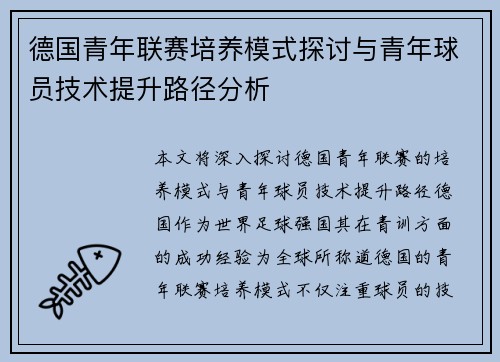 德国青年联赛培养模式探讨与青年球员技术提升路径分析