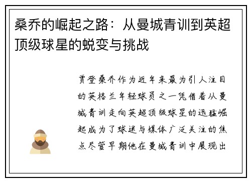 桑乔的崛起之路：从曼城青训到英超顶级球星的蜕变与挑战